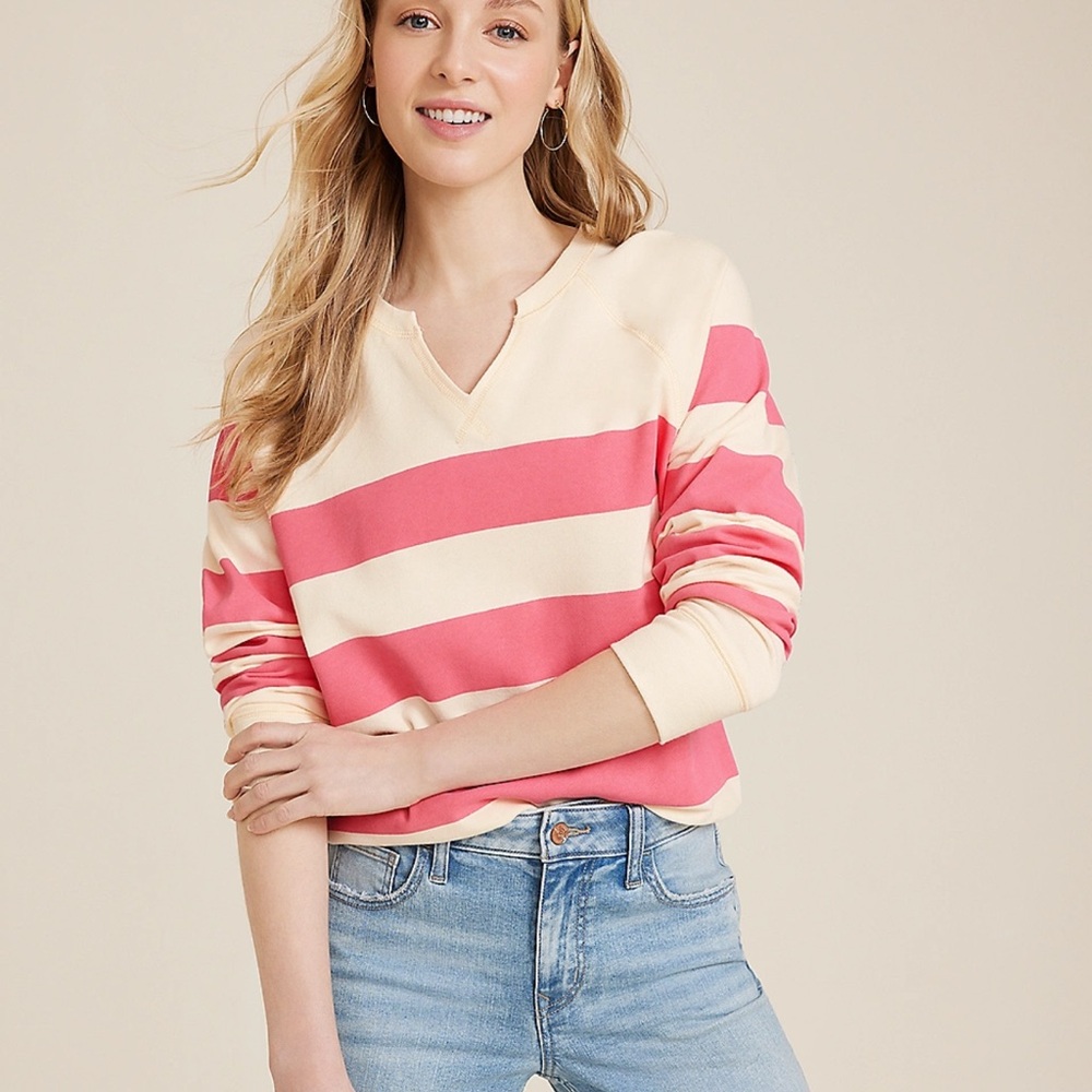 New Maurices Pink and Cream Striped V-Neck Sweatshirt
